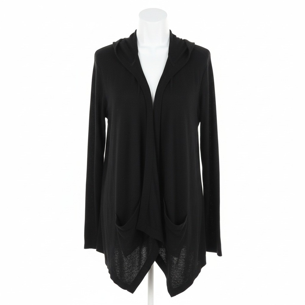 Sonoma Hooded Cardigan 2X Black Open Front Ribbed Knit Pockets Stretch